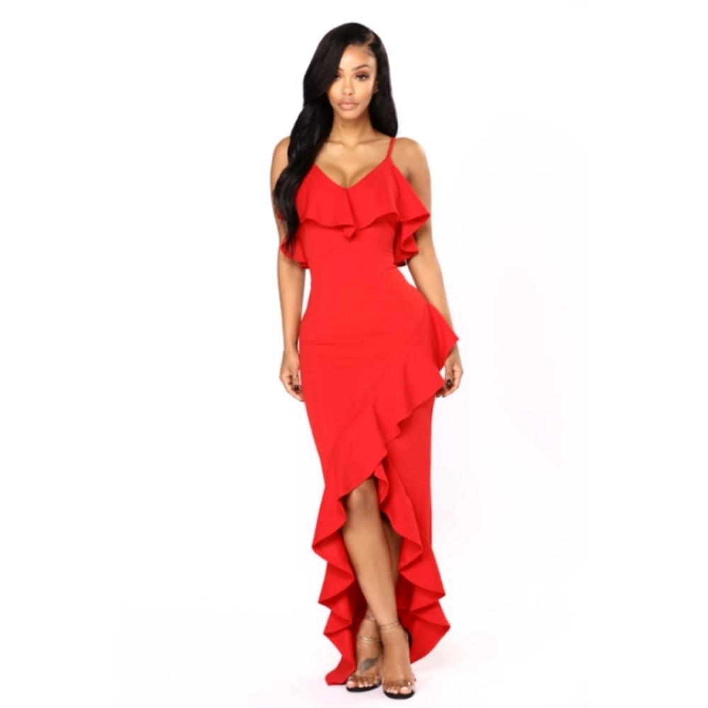 Fashion Nova Elegant Red Hi-low Ruffle Dress